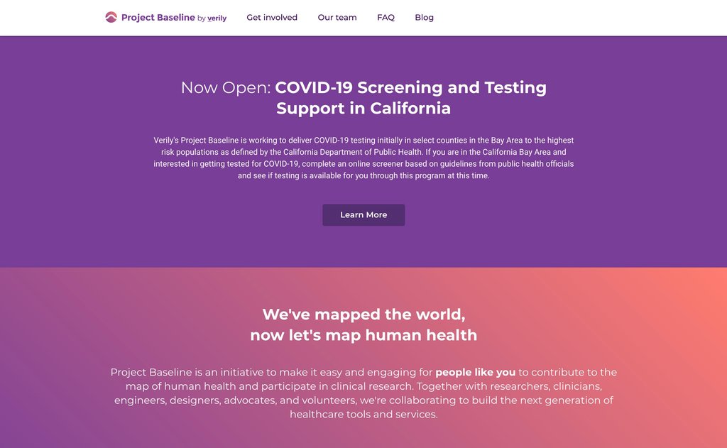 Google website for coronavirus testing - Project Baseline